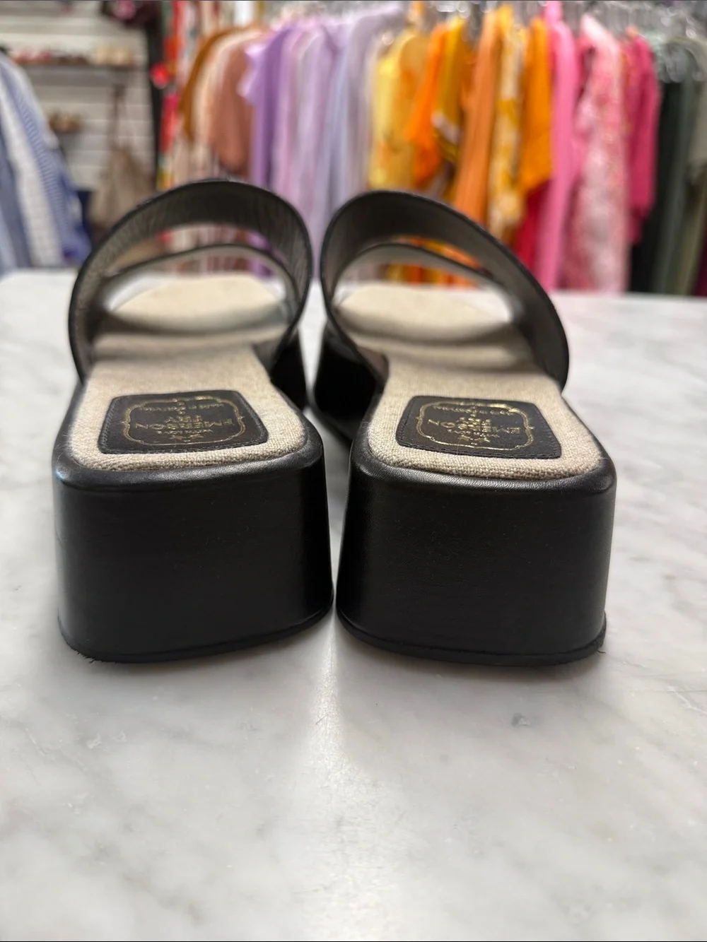 Emerson Fry Black Leather Platform Slides Size 9